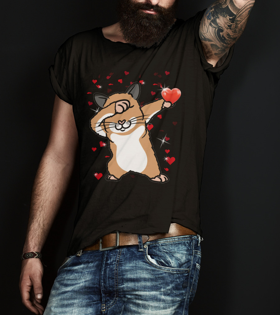 Valentine Girls Cute Dabbing Hamster With Heart And Sparkling Red Hearts T-Shirt