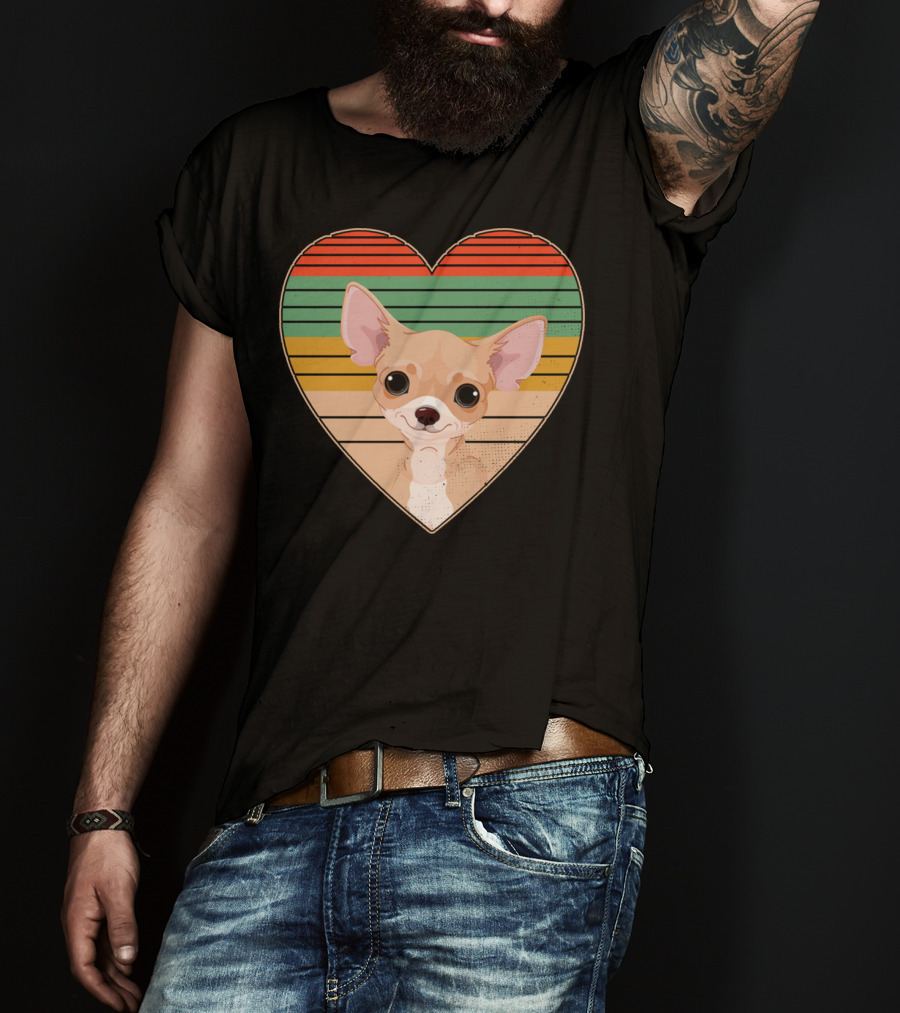 Vintage Chihuahua Heart Striped Retro Heart-Shaped T-Shirt