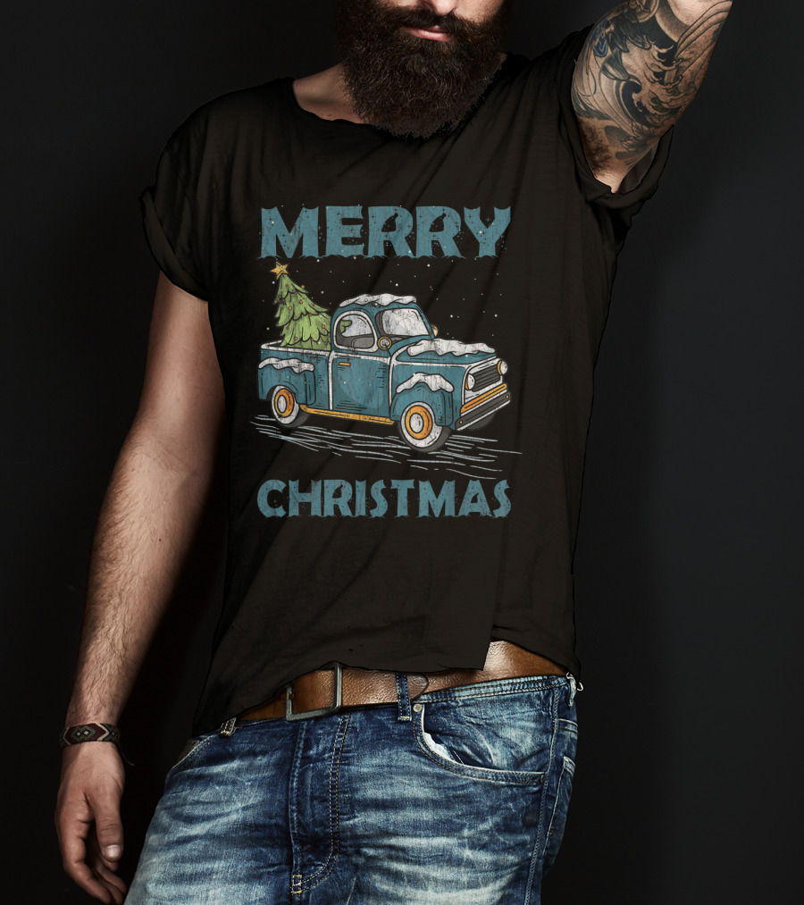 Merry Christmas Vintage Truck With Christmas Tree Classic Car T-Shirt