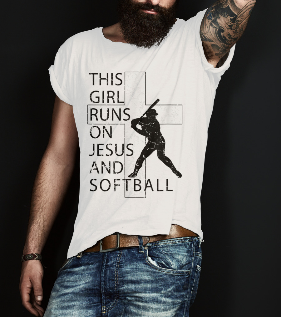 This Girl Runs On Jesus And Softball Silhouette With Cross T-Shirt