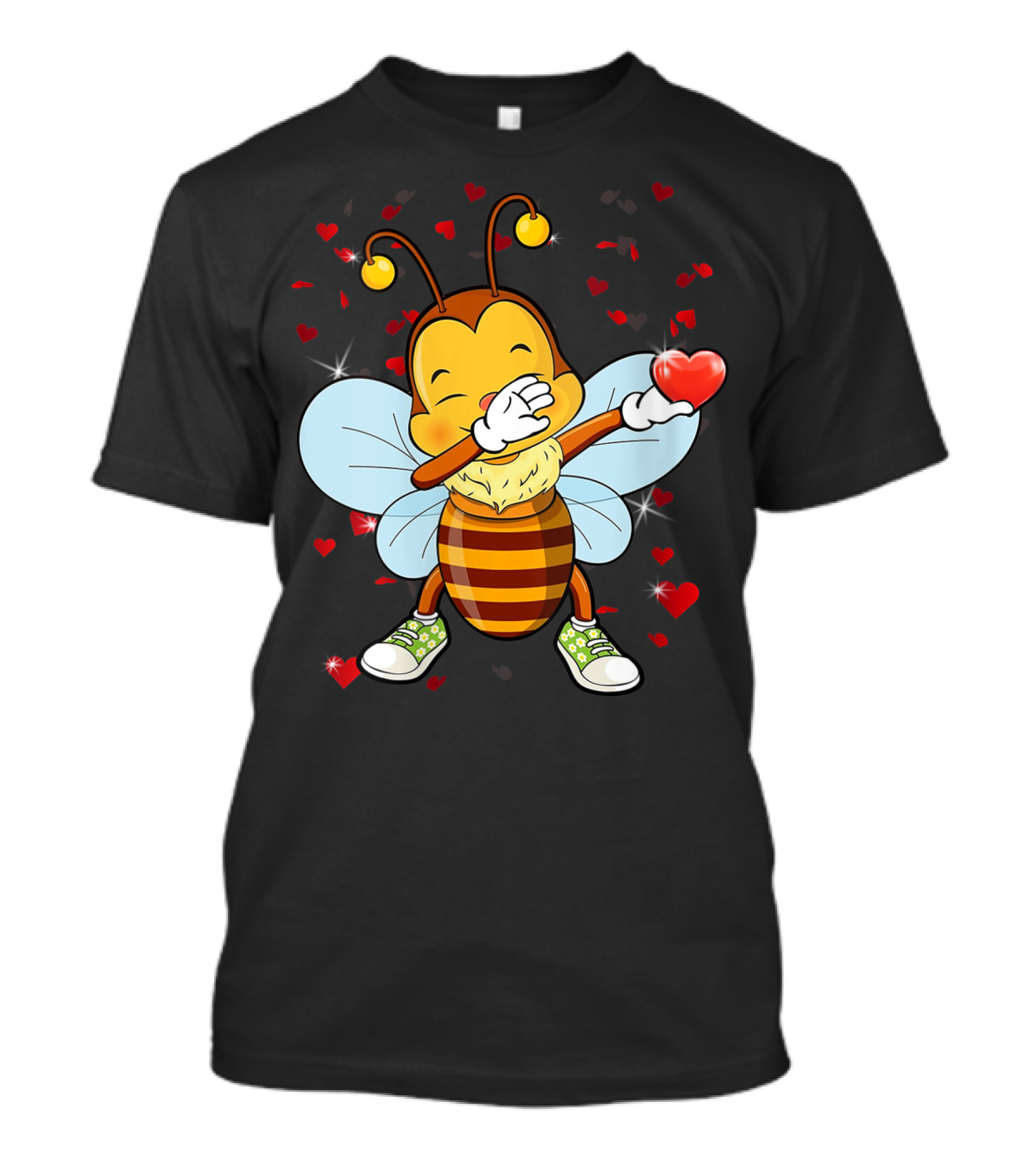 Valentine Bee Dabbing Holding Heart Surrounded By Hearts And Stars T-Shirt