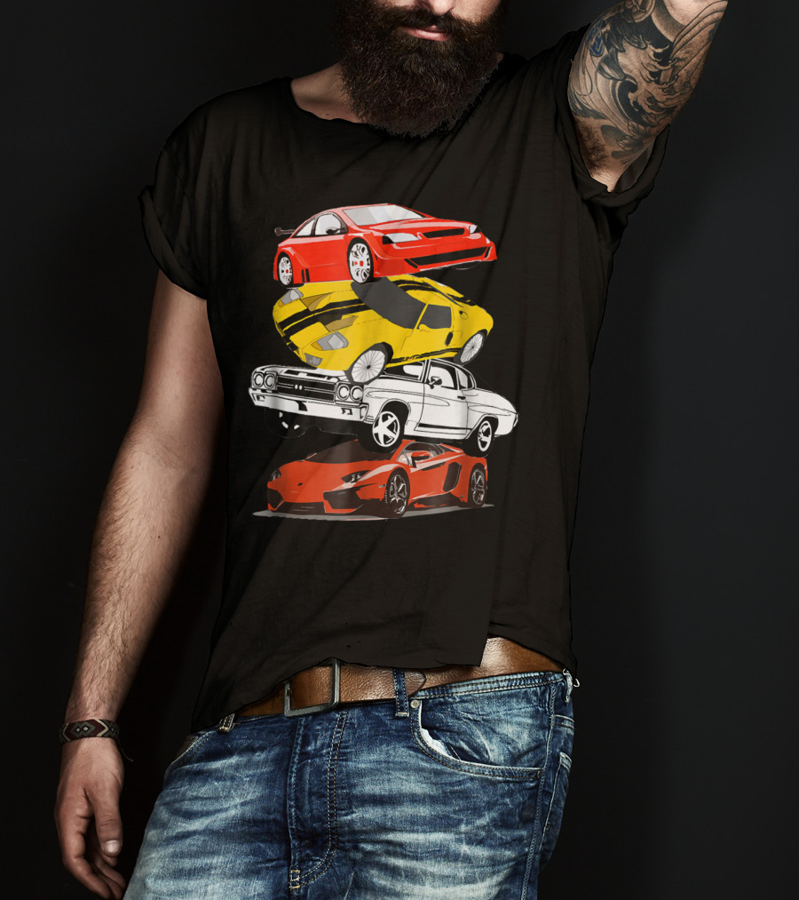 Funny Classic Cars Stacked Red Yellow Black White Racing Cars T-Shirt