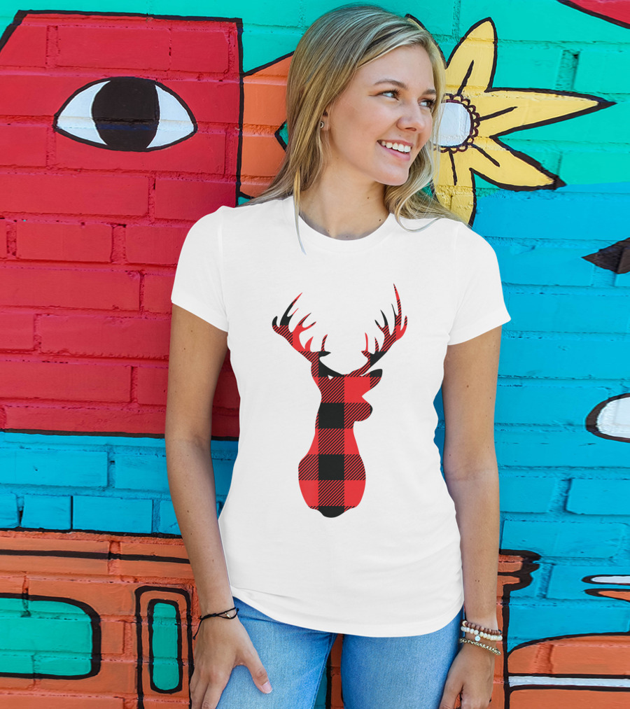 Buffalo Plaid Red Black Christmas Deer T-Shirt