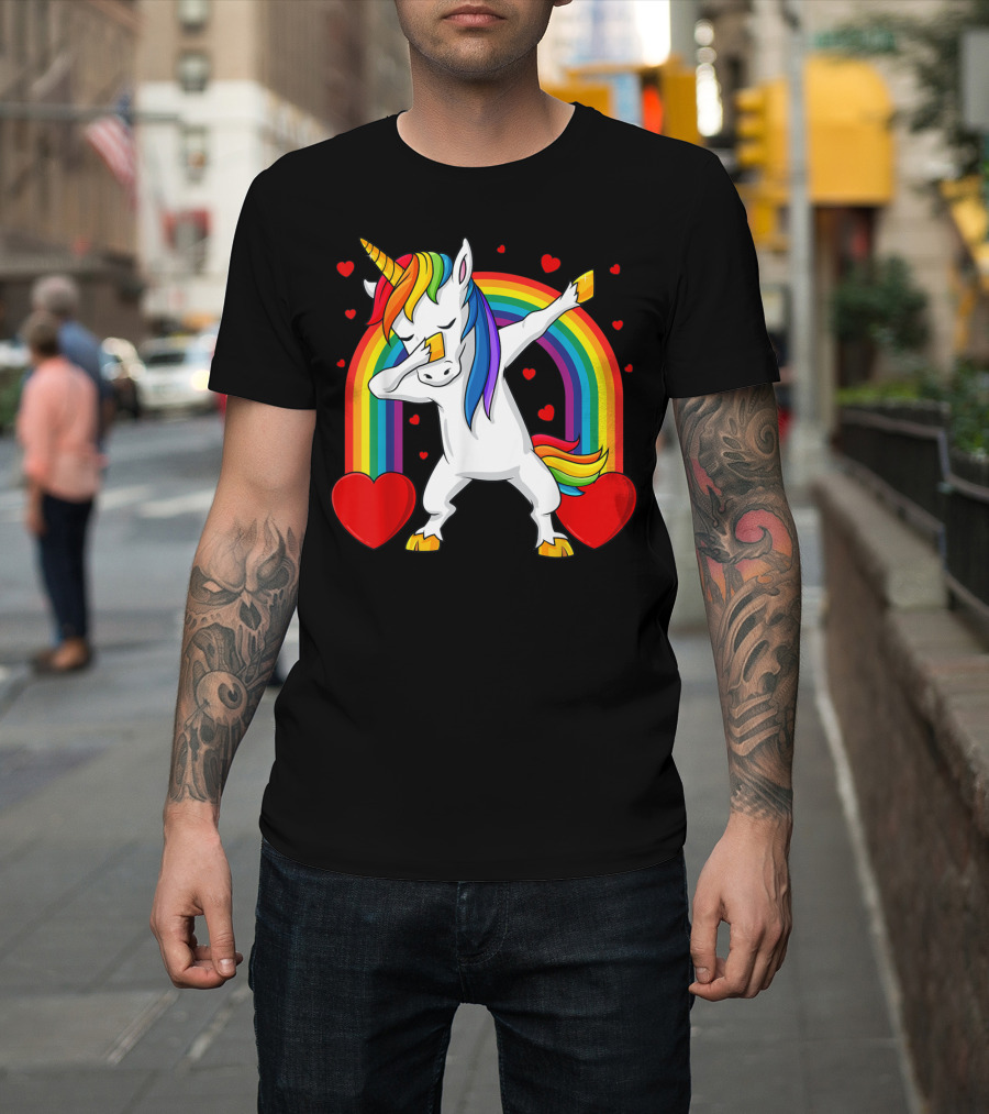 Dabbing Unicorn with Hearts and Rainbow T-Shirt