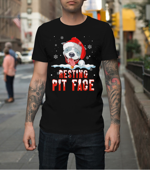 Shirt: Funny Christmas Dog Pitbull Resting Pit Face Santa Hat Snowflake T-Shirt Funny Christmas Dog Pitbull Resting Pit Face Santa Hat Snowflake T-Shirt