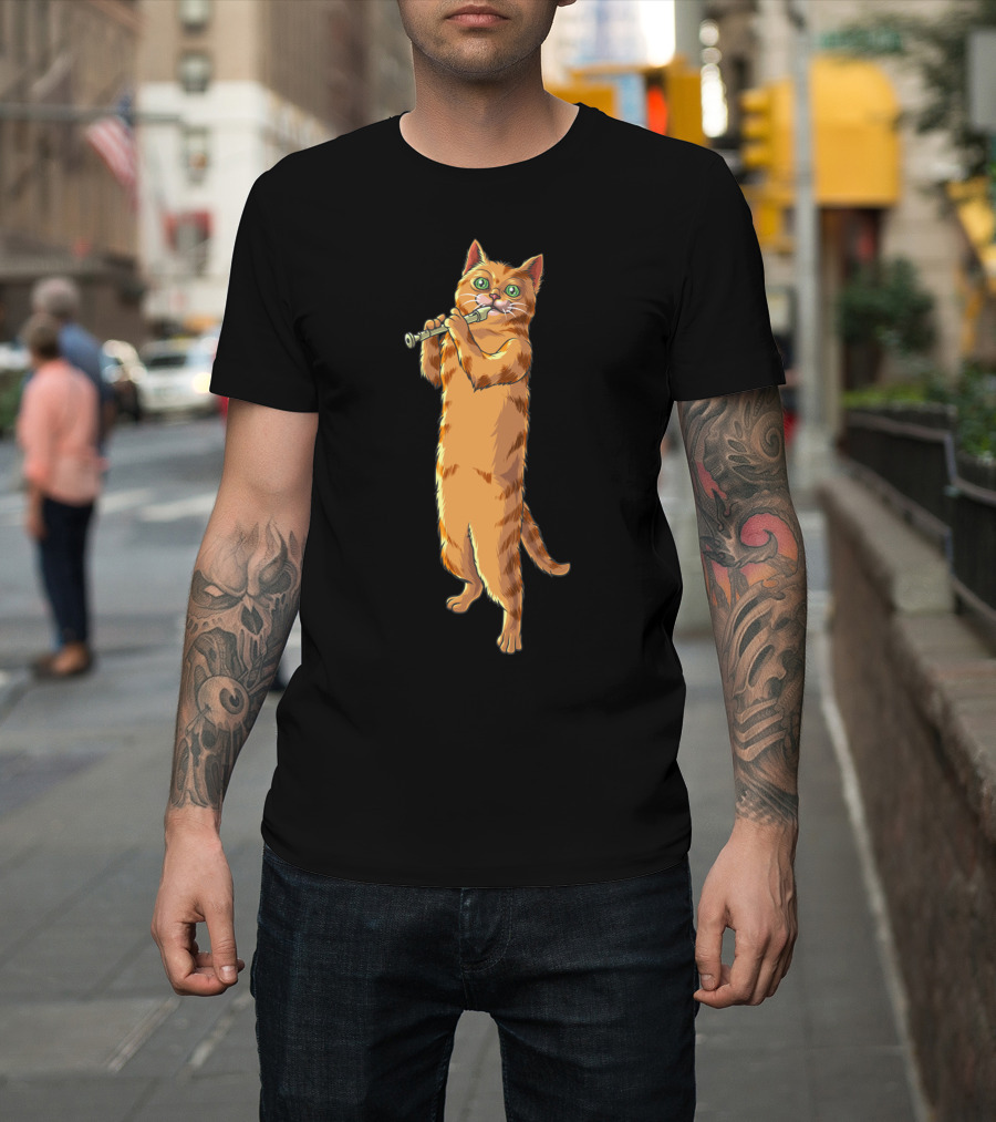 Funny Cat Playing Recorder Cool Animal Music T-Shirt