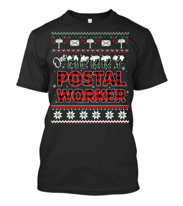 One Merry Postal Worker Red Plaid Ugly Christmas T-Shirt