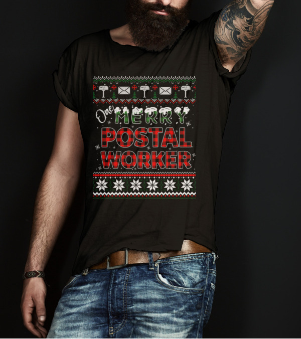 One Merry Postal Worker Red Plaid Ugly Christmas T-Shirt