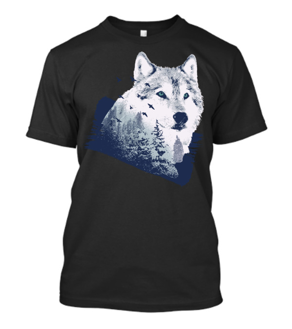 Lone Wolf With Snowy Mountains And Flying Birds T-Shirt