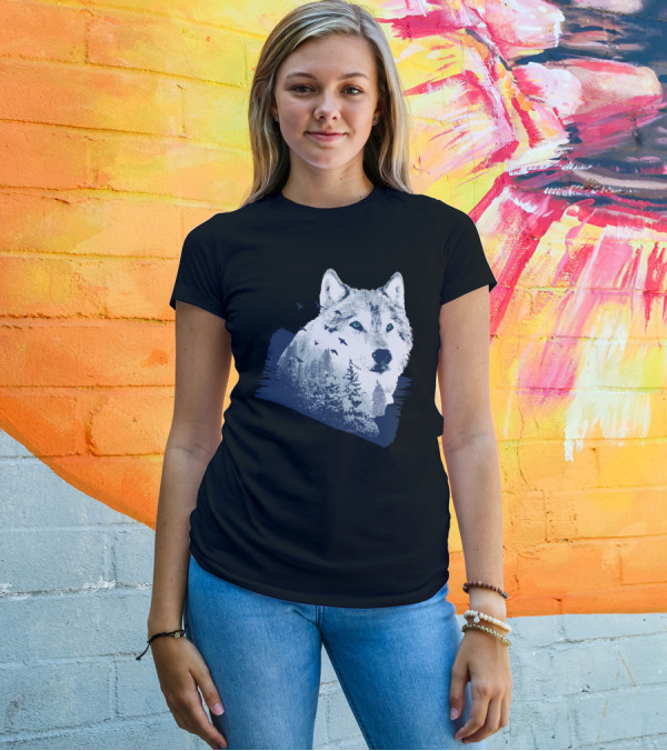 Lone Wolf With Snowy Mountains And Flying Birds T-Shirt