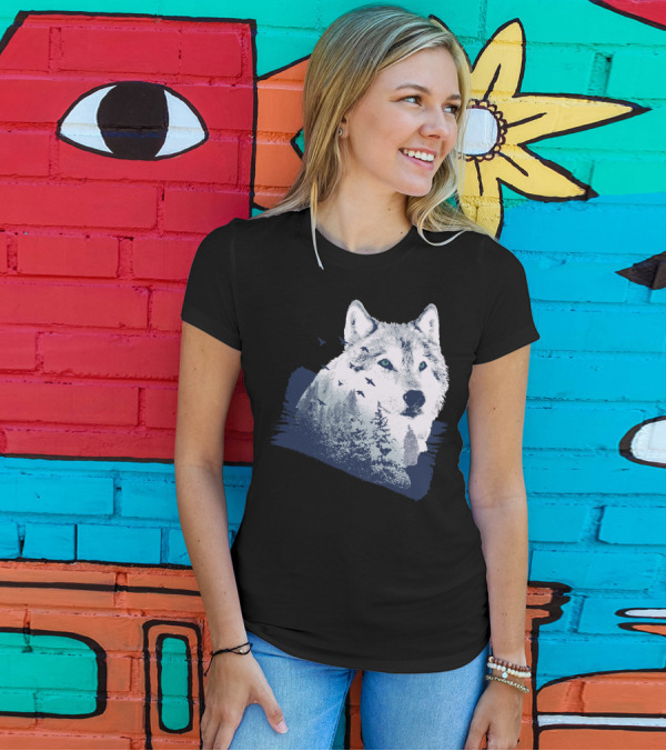 Lone Wolf With Snowy Mountains And Flying Birds T-Shirt