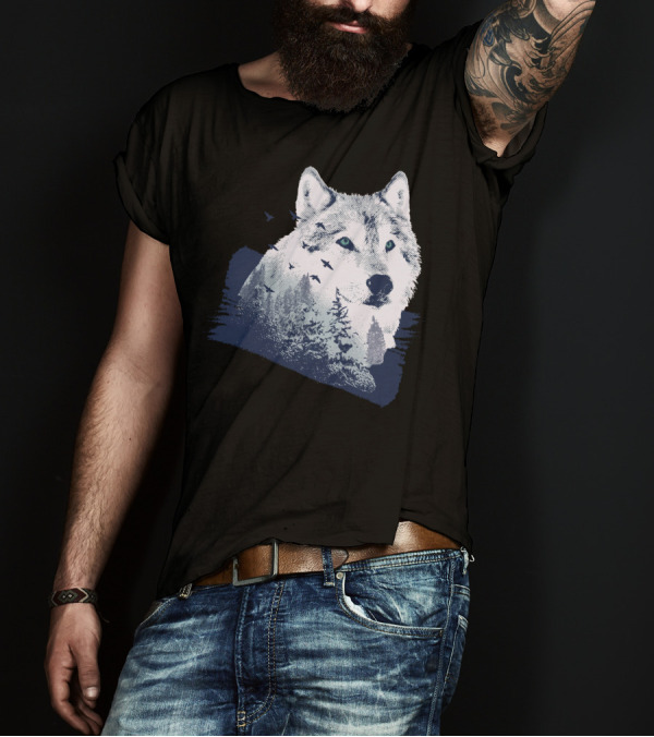 Lone Wolf With Snowy Mountains And Flying Birds T-Shirt