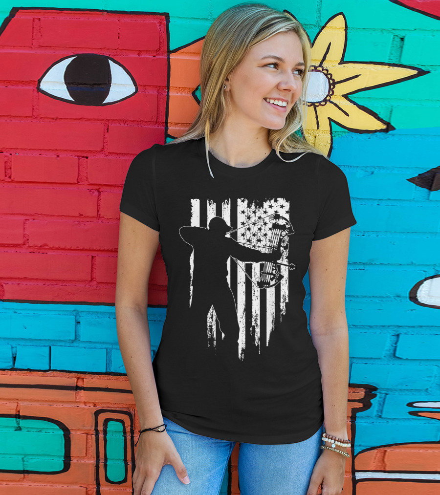 American Patriotic Archer Silhouette With Compound Bow And Flag T-Shirt