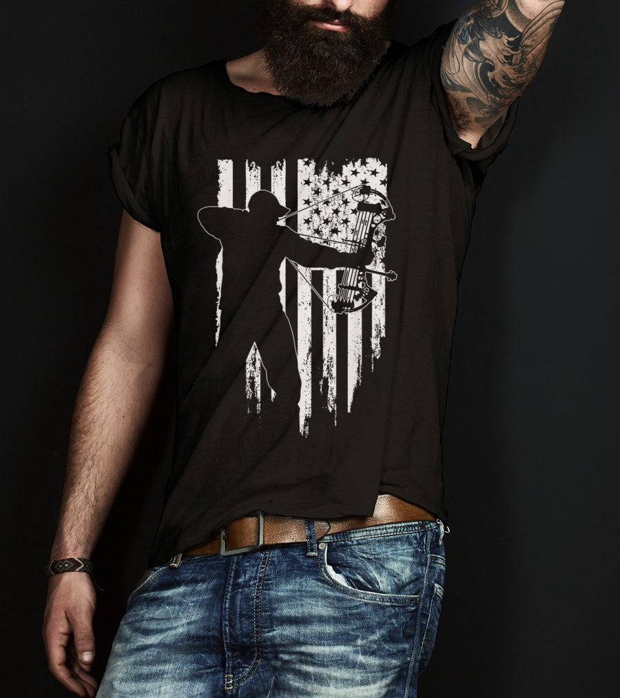 American Patriotic Archer Silhouette With Compound Bow And Flag T-Shirt