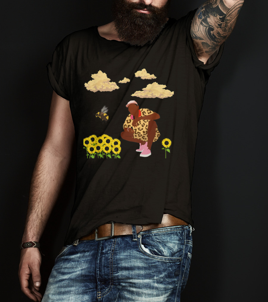 Bee Sunflower Boy With Clouds And Leopard T-Shirt
