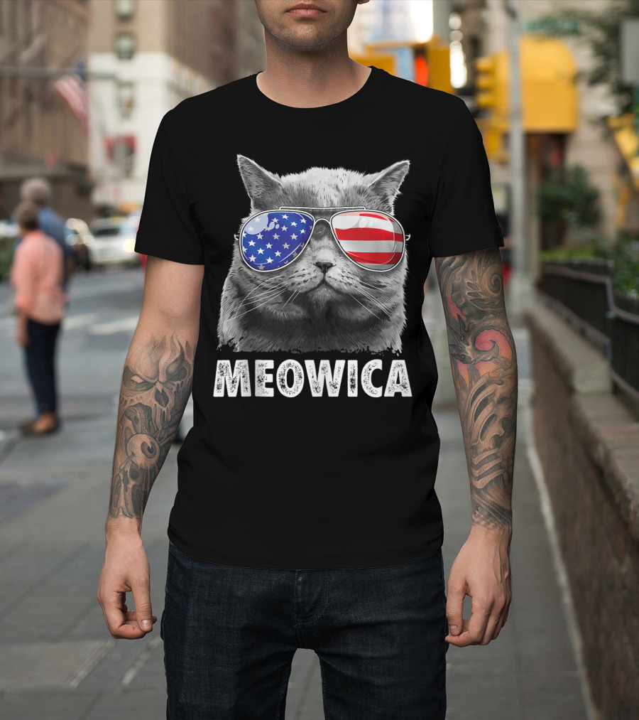 Meowica 4th of July Cat Sunglasses USA Amer Merica Men T-Shirt