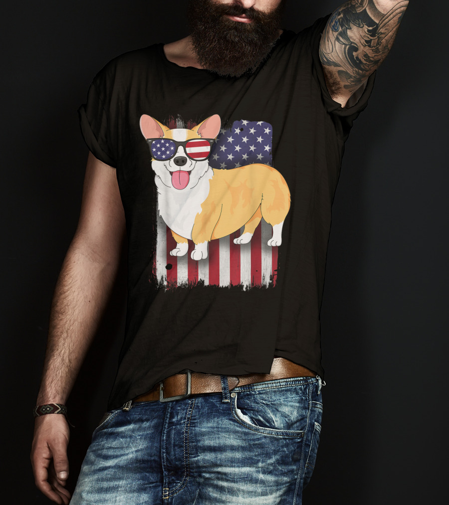 Corgi With Sunglasses American Flag Background T-Shirt