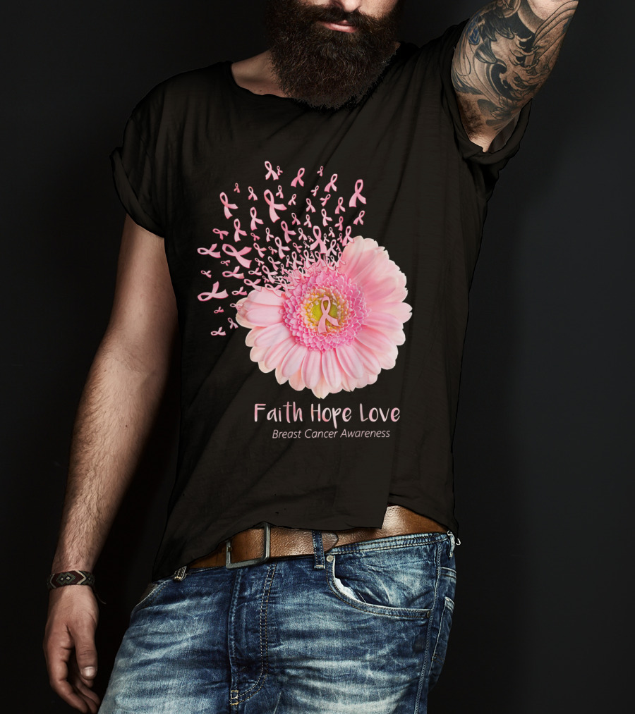 Faith Hope Love Breast Cancer Awareness Pink Ribbon Flower Explosion T-Shirt