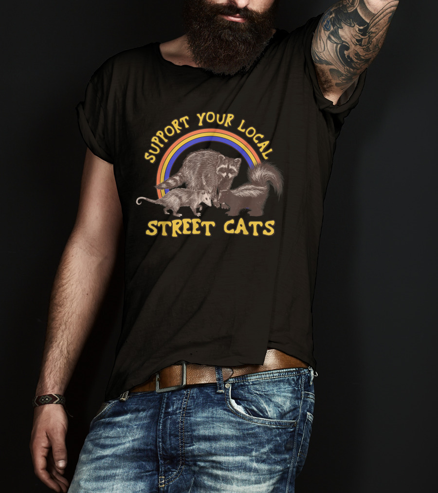 Support Your Local Street Cats Funny Raccoon Rainbow Trio T-Shirt