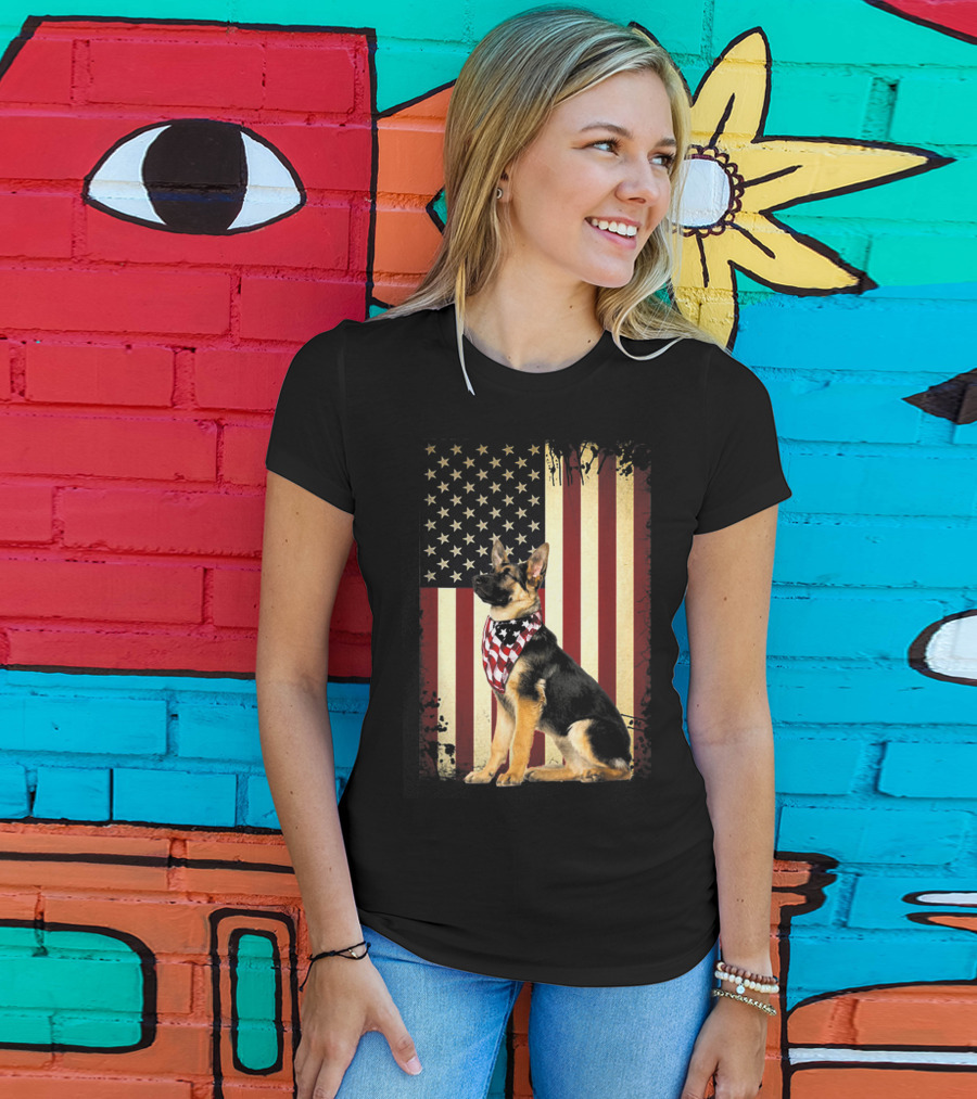 German Shepherd With American Flag Bandana In Front Of Stars And Stripes Flag T-Shirt
