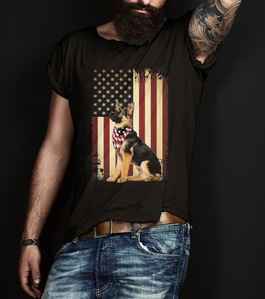 German Shepherd With American Flag Bandana In Front Of Stars And Stripes Flag T-Shirt