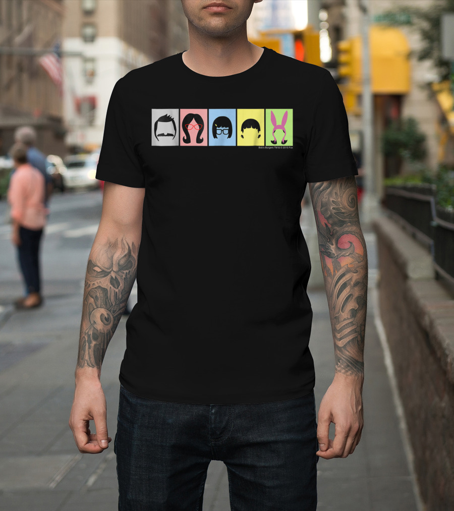 Bob's Burgers Characters Hair And Hats On Color Blocks T-Shirt