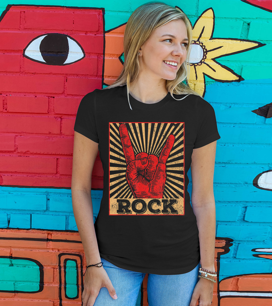 Vintage Rock N Roll Concert Band Hand Gesture Icon With Rock Text T-Shirt