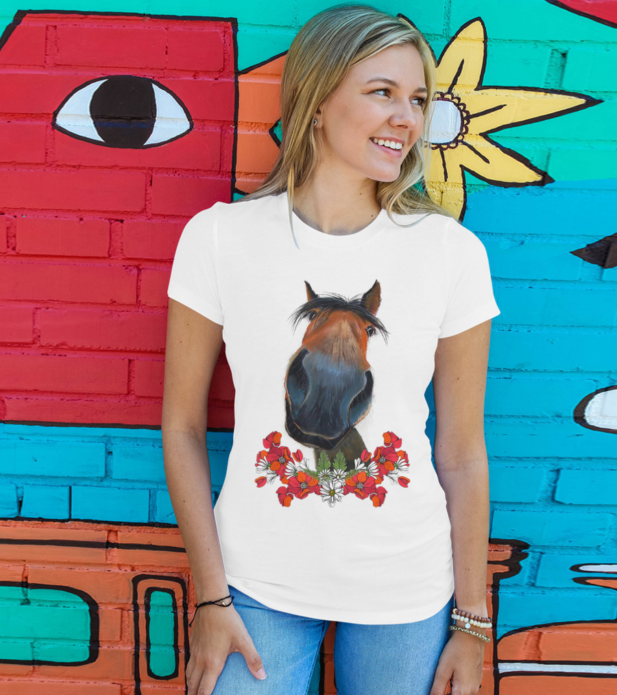 Adorable Horse With Red And White Flowers T-Shirt