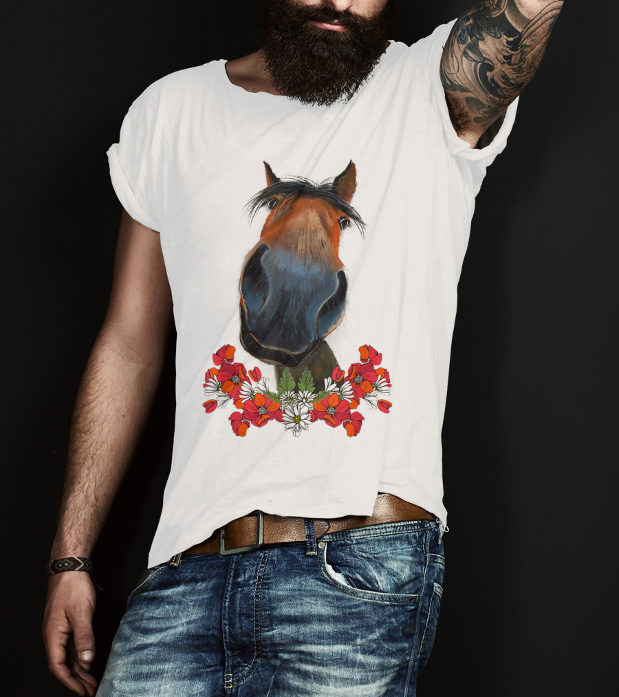 Adorable Horse With Red And White Flowers T-Shirt