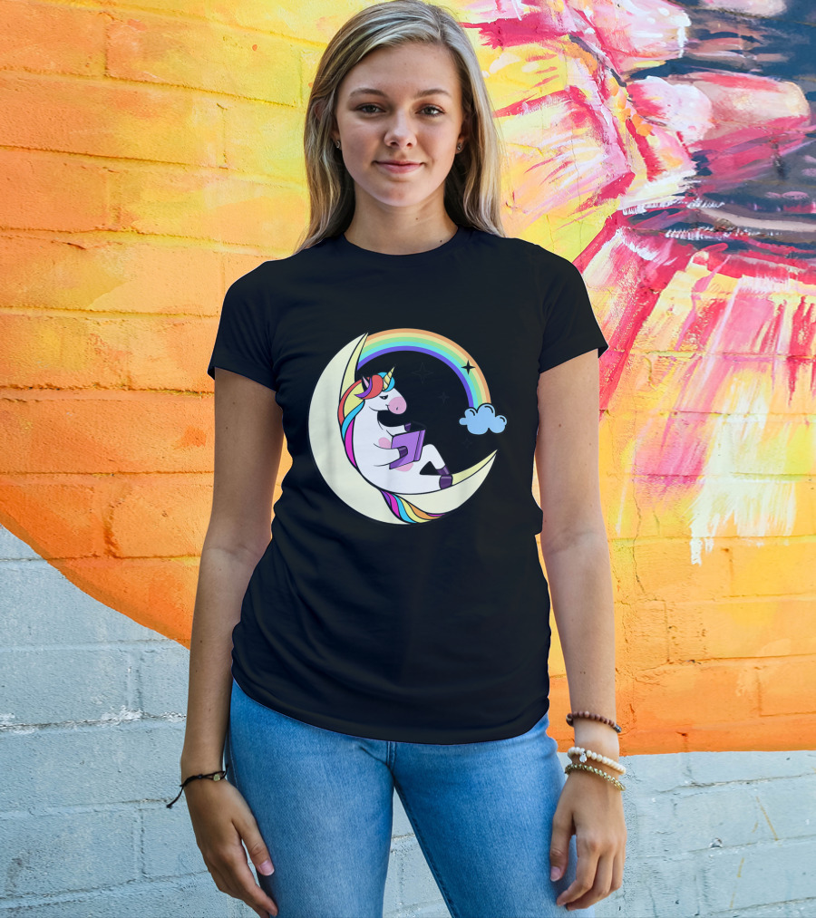 Unicorn Reading Book On Moon With Rainbow And Stars T-Shirt