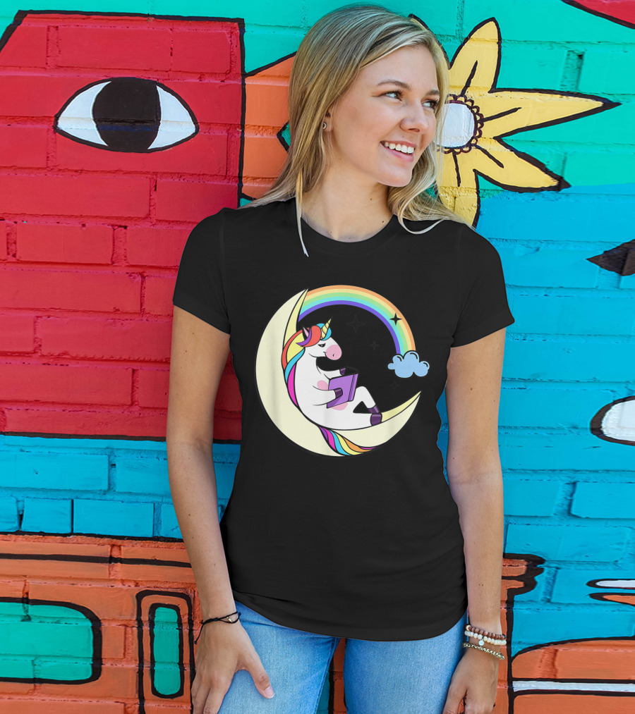 Unicorn Reading Book On Moon With Rainbow And Stars T-Shirt