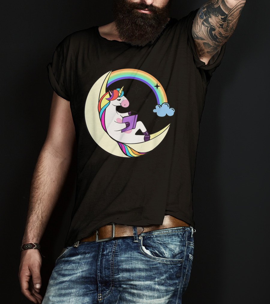 Unicorn Reading Book On Moon With Rainbow And Stars T-Shirt