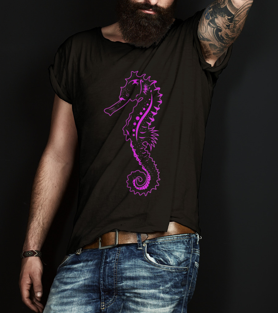 Cute Seahorse Sea Horse Neon Purple Black Sea Creature T-Shirt