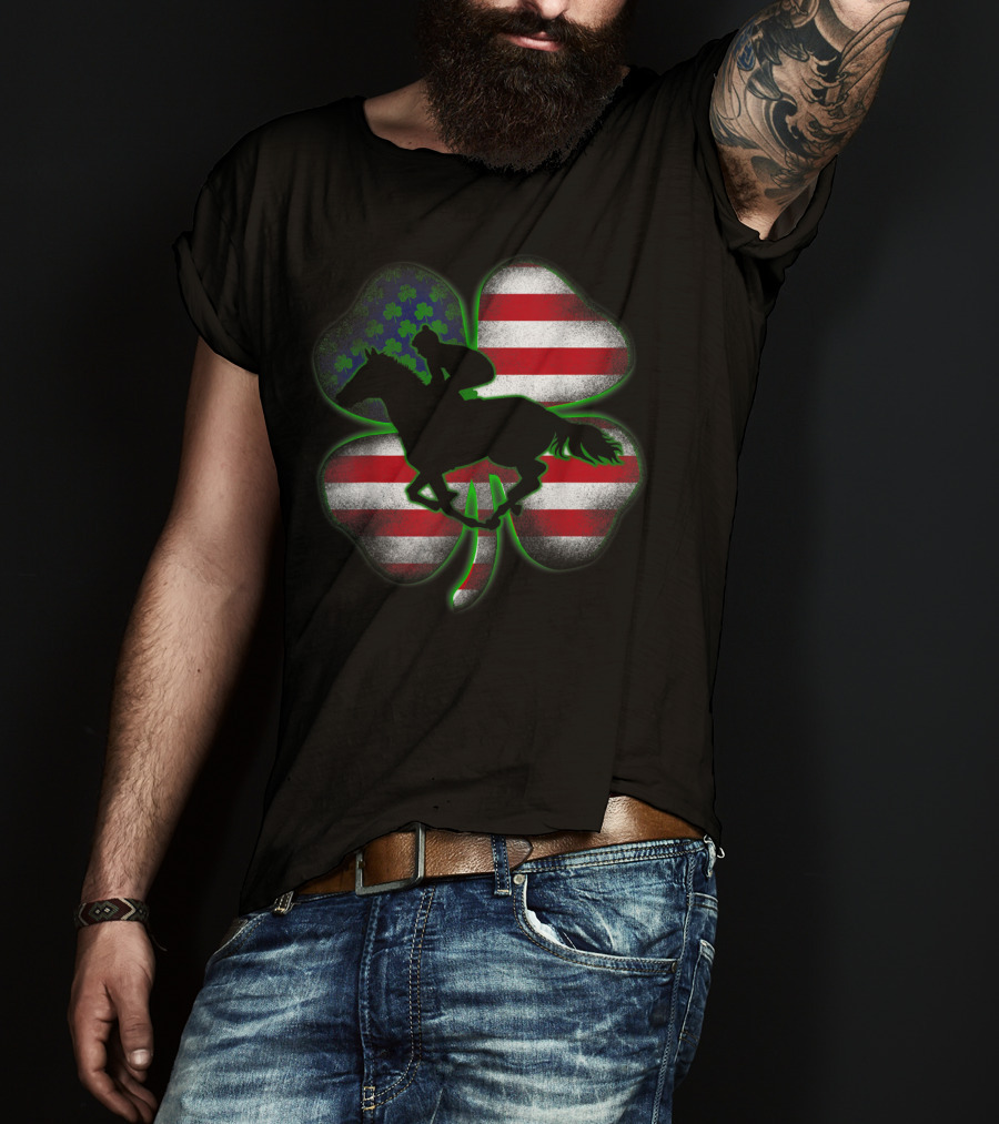 Distressed Horse Racing Shamrocks American Flag St 8W T-Shirt
