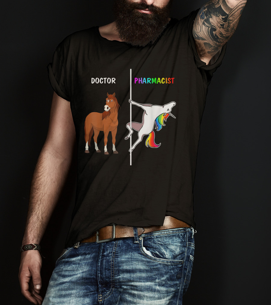 Doctor Horse Vs. Pharmacist Unicorn Rainbow Contrast T-Shirt
