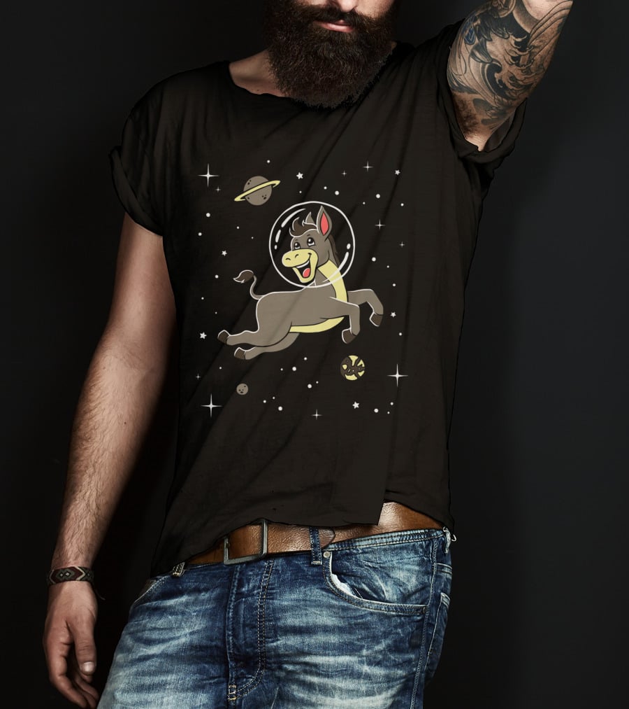 Space Adventure Cute Cartoon Donkey Horse With Astronaut Helmet T-Shirt
