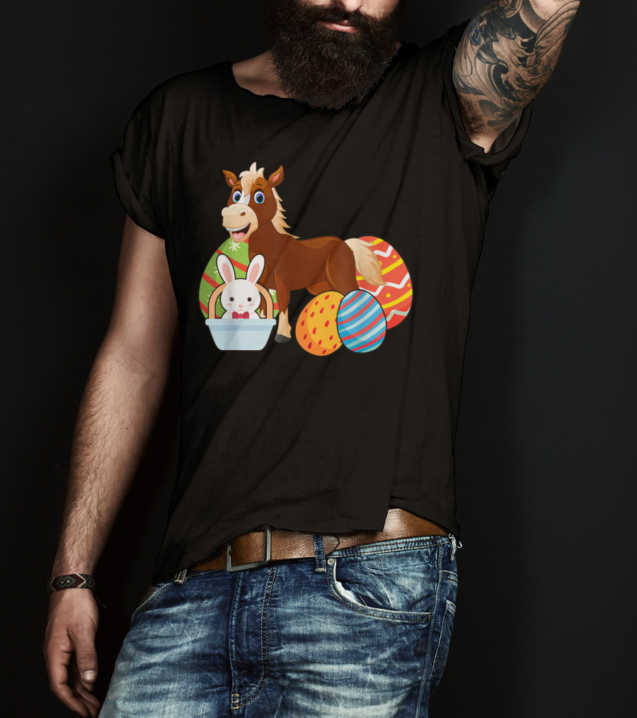 Funny Easter Horse Bunny With Colorful Eggs Happy Easter T-Shirt