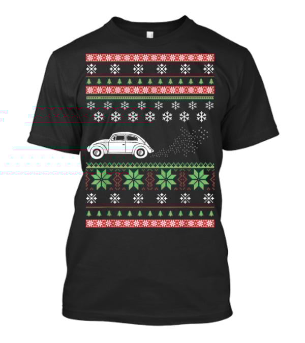 Classic Car Ugly Christmas Sweater Style Snowflakes And Trees T-Shirt