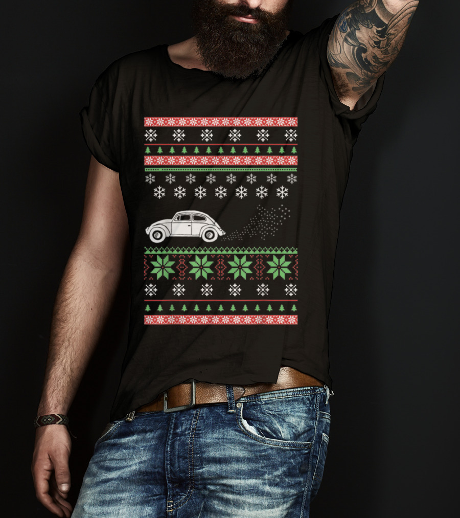 Classic Car Ugly Christmas Sweater Style Snowflakes And Trees T-Shirt
