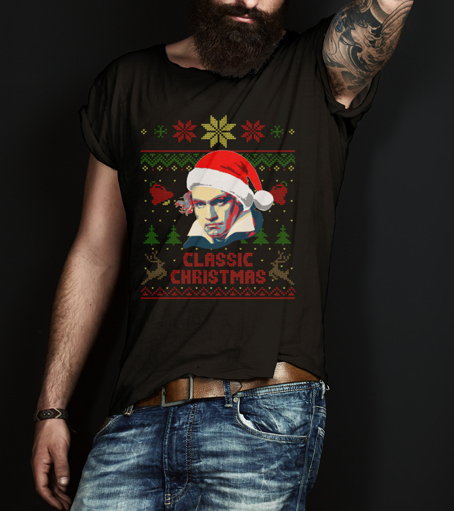Classic Christmas Beethoven Santa Hat Reindeer Snowflakes T-Shirt