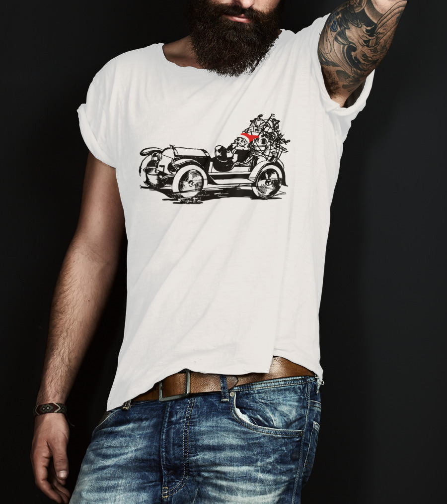 Santa Driving Vintage Car With Christmas Tree Load T-Shirt