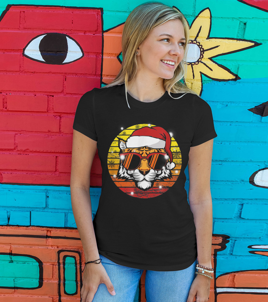 Christmas Tiger Wearing Vintage Santa Hat With Retro Sunglasses T-Shirt