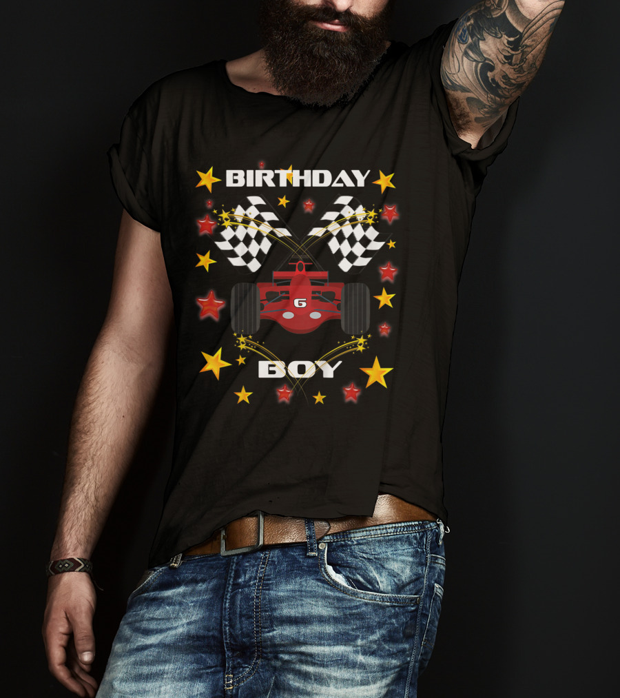 Birthday Boy 6 Racing Car Checkered Flags And Stars T-Shirt
