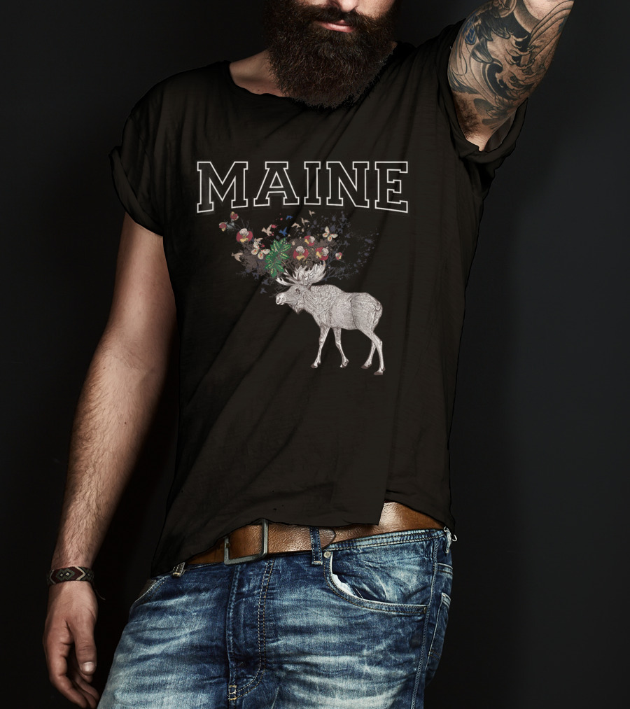 Maine Moose With Floral Antlers T-Shirt