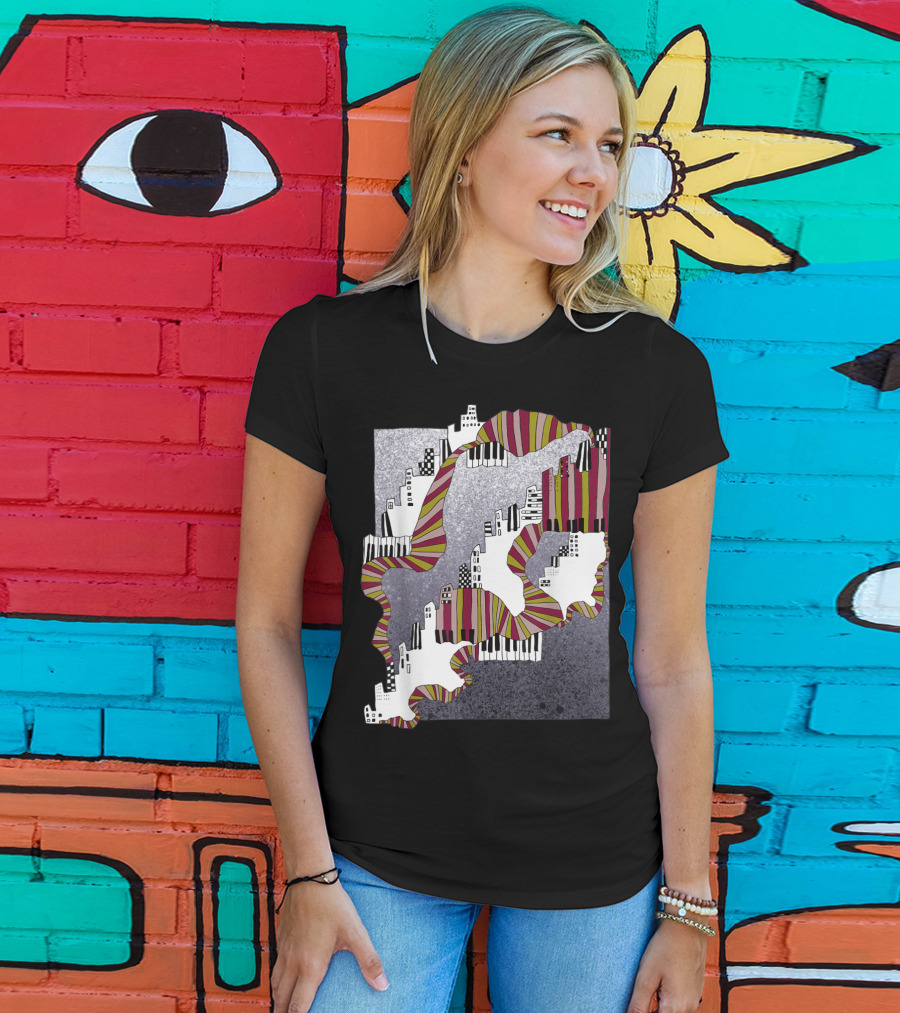 Mellow My Man Cityscape With 90s Hip Hop Piano Keys And Vibrant Stripes T-Shirt