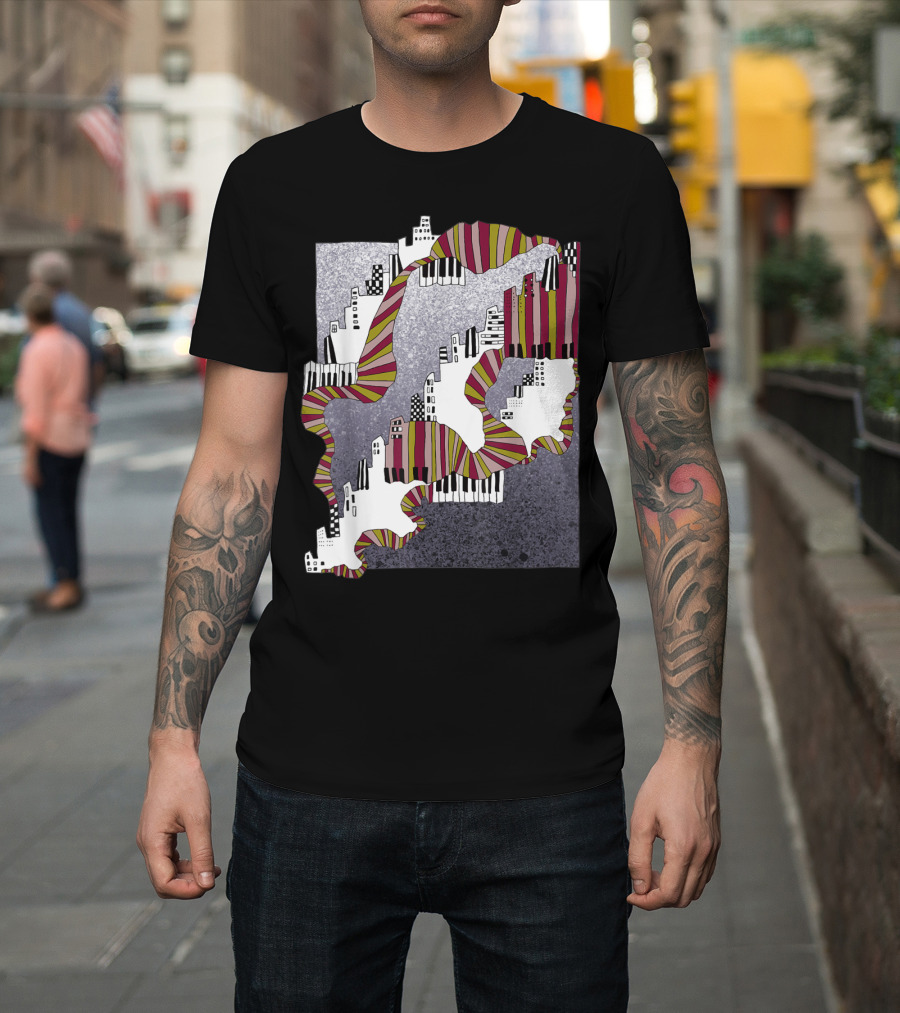 Mellow My Man Cityscape With 90s Hip Hop Piano Keys And Vibrant Stripes T-Shirt