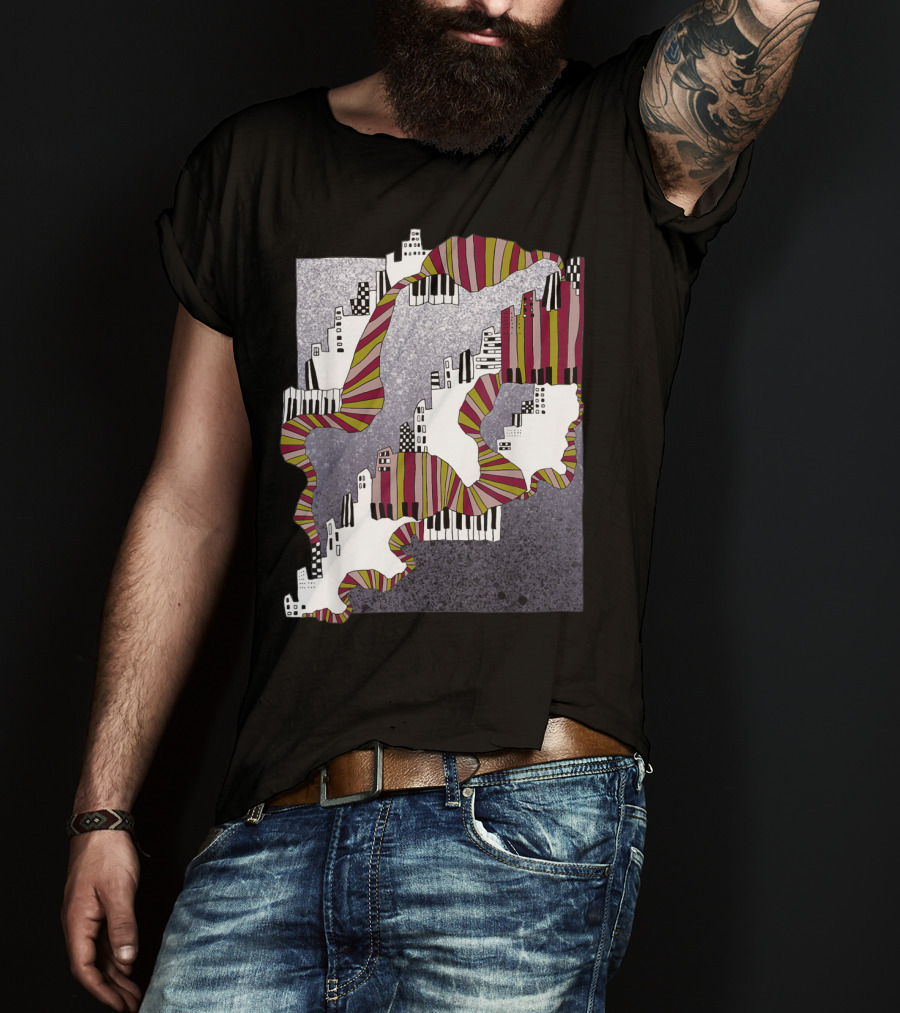 Mellow My Man Cityscape With 90s Hip Hop Piano Keys And Vibrant Stripes T-Shirt