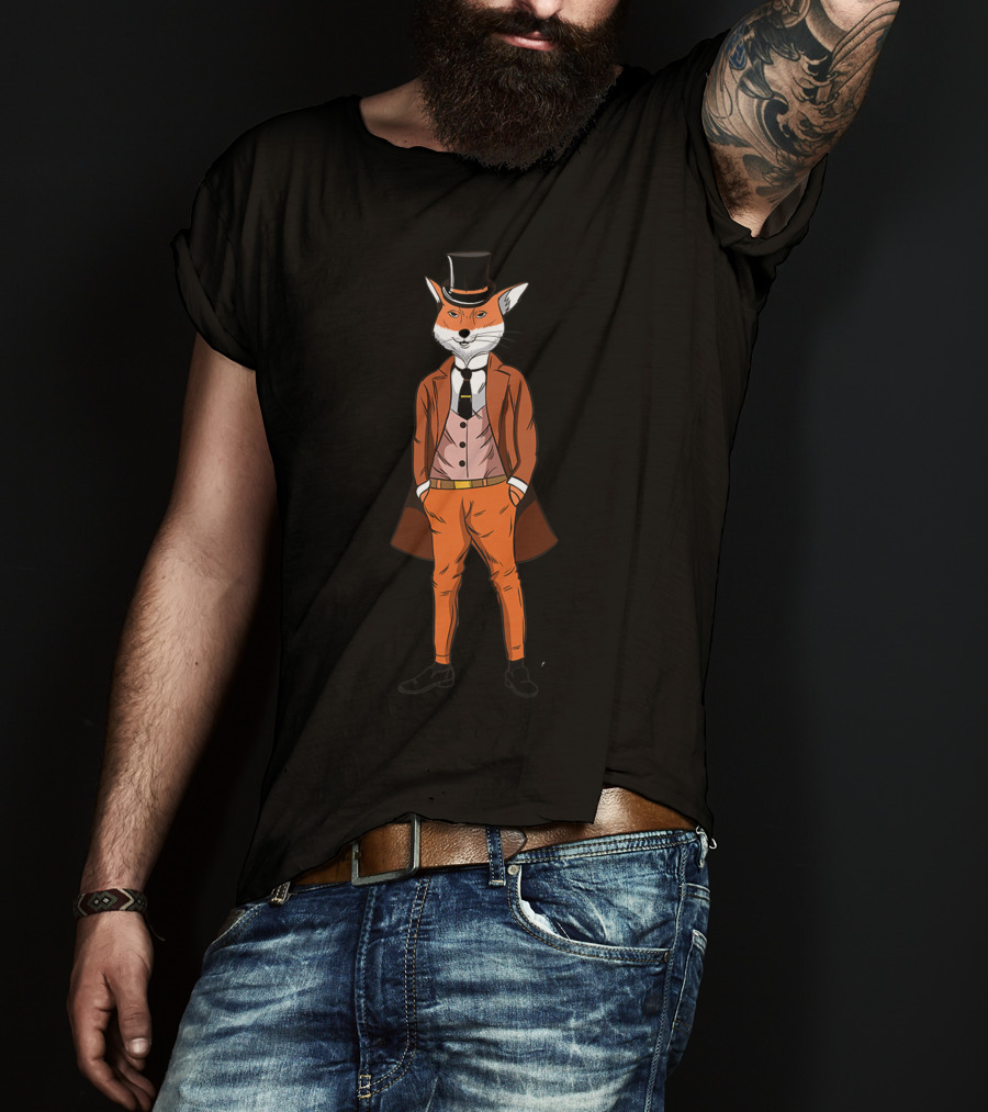 Mens Cool Red Fox Wearing Three Piece Suit And Tie With Top Hat T-Shirt