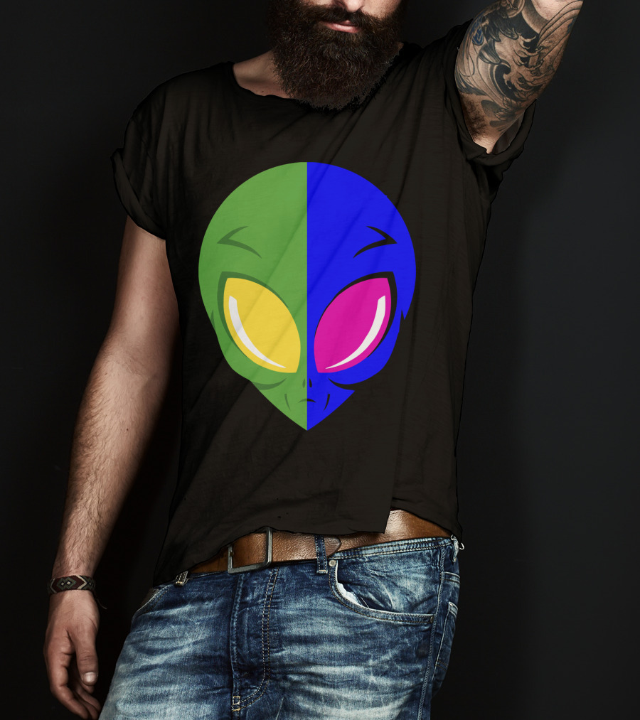 Mens Glow In The Dark Alien Head Dual Colors Green Blue Yellow Pink T-Shirt