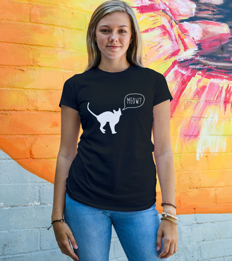 Meow Cat Illustration Cool Silhouette With Speech Bubble T-Shirt